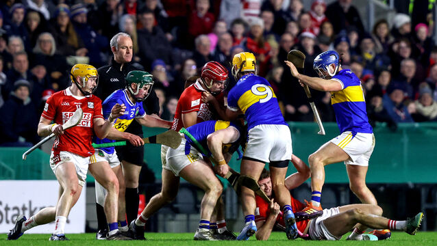 <p>Cork's William Buckley in the thick of it as Alan Connolly ends up on the ground as tempers flare between the two teams. Picture: INPHO/Ben Brady</p>