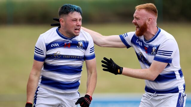 <p>Ballyphehane's Alex Cummins celebrates scoring a goal with Seán Fielding last year. Picture: Jim Coughlan</p>