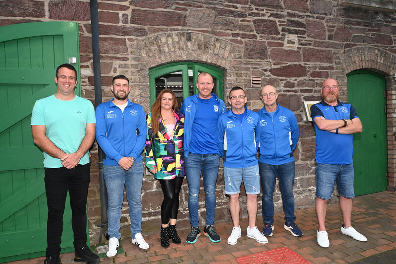 Cork AUL Awards night at The KIln, Heineken Ireland, Cork. (middle) Golden Boot (Premier/premier A) award winner Christy Bullam, of Grattan United with John Morey, Keith Harris, Teresa Bullman, Mark O'Sullivan, Niall Curtin and Frank Geaney. Pic Larry Cummins