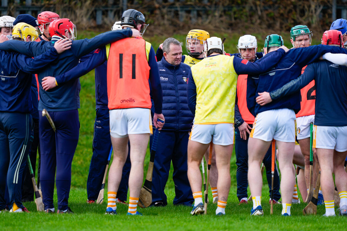 Antrim manager Davy Fitzgerald speaks to his team. Picture: INPHO/James Lawlor