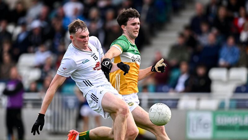 Ryan Sinkey of Kildare in action against Cillian Bourke of Offaly during the Tailteann Cup quarter-final match between Kildare and Offaly at Cedral St Conleth's Park in Newbridge, Kildare last year. Picture: Piaras Ó Mídheach/Sportsfile