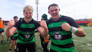 <p>Bandon Grammar v Castletroy: Bandon Grammar's Aodhan Brennan and Jack Deasy celebrate after the game</p>