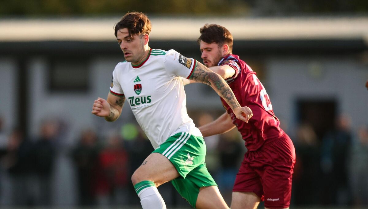 Ruairi Keating of Cork City in action against Dale Holland of Cobh Ramblers during the SSE Airtricity Men's First Division match between Cobh Ramblers and Cork City at St Colman's Park in Cobh, Cork. Photo by Michael P Ryan/Sportsfile