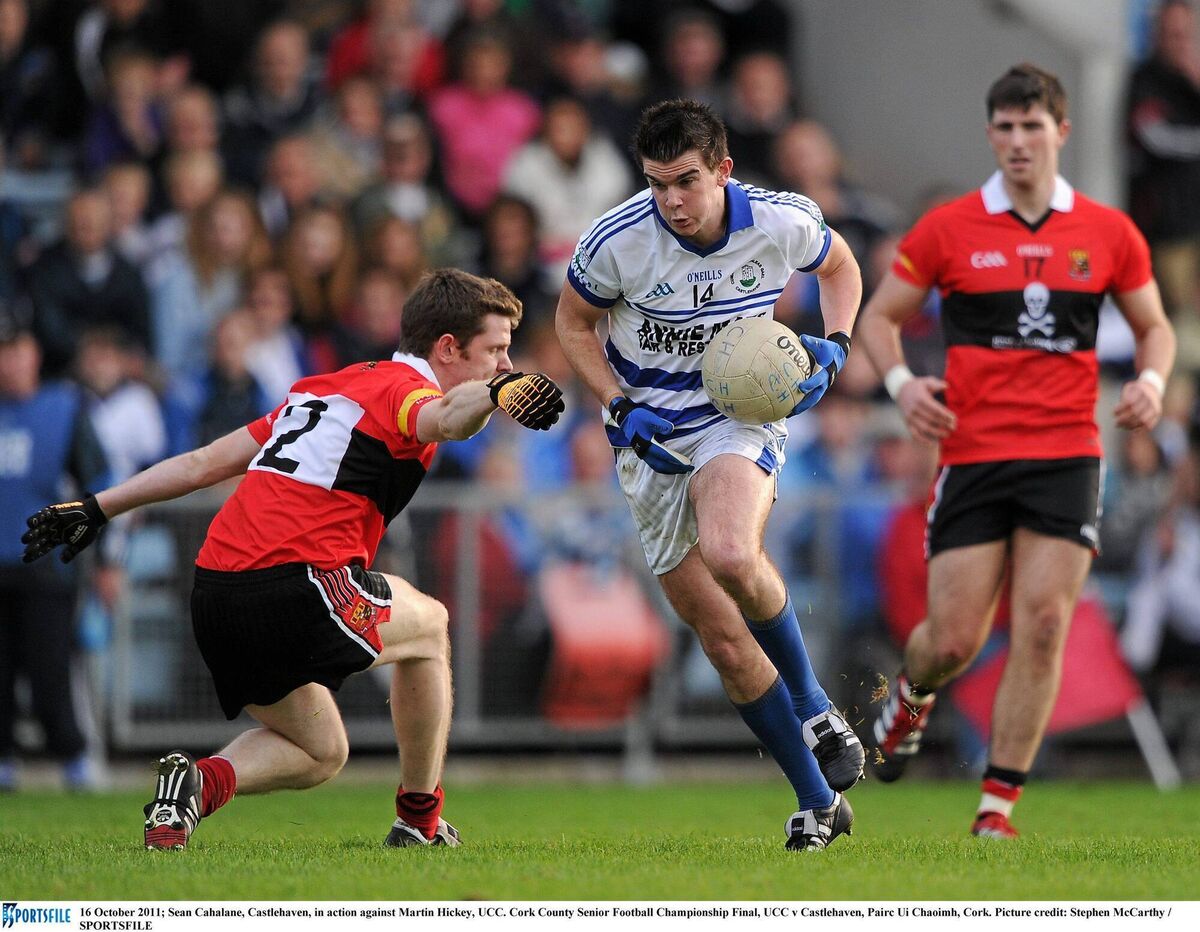Sean Cahalane, Castlehaven, in action against Martin Hickey, UCC during the Cork County Senior Football Championship Final at Pairc Ui Chaoimh in 2011. Picture: Stephen McCarthy/Sportsfile