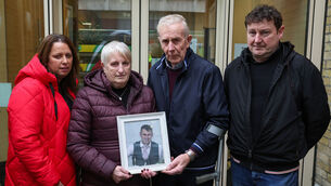 <p>Sean and Eileen Murphy, the parents of John Murphy, with his sister, Helena, and brother-in-law, Ger Browne, leaving the Dublin District Coroner's Court. Picture: Colin Keegan, Collins, Dublin.</p>