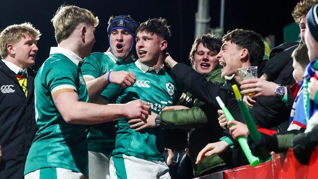 <p>Ireland's Donnacha McGuire and Derry Moloney celebrate with fans after scoring a try. Pic: Nick Elliott/Inpho</p>
