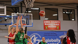 <p> Edel Thornton, Brunell, gets her pass away to Brailyn Jarrell Joseph, under pressure from Holli Dunne and Ciara Byrne, Portlaoise Panthers, at the Gurranabraher Credit Union Arena. Picture: Jim Coughlan.</p>