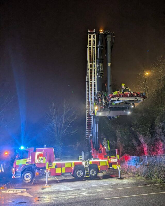 Members of Cork City Fire Brigade used a hydraulic platform to perform "a long and complicated rescue" on Saturday night after a man fell more than 30 feet. Picture: Cork City Fire Brigade Members of Cork City Fire Brigade used a hydraulic platform to perform "a long and complicated rescue" on Saturday night after a man fell more than 30 feet. Picture: Cork City Fire Brigade
