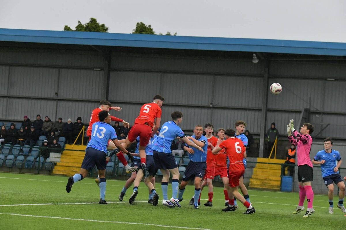 Cork Youth League’s Max Murphy watches his powerful header go past Dublin District and Schoolboys League’s keeper Darragh Rayner in the FAI Inter-League final at St Colman’s Park.