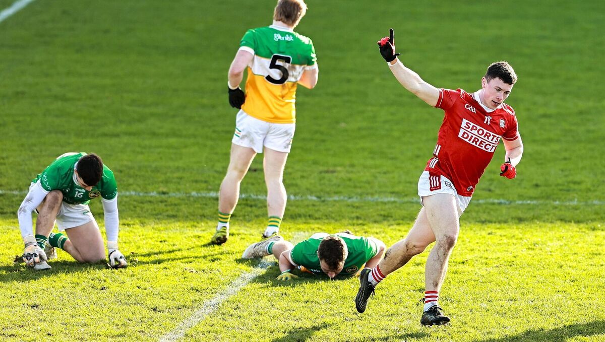 Mark Cronin of Cork celebrates after scoring his side's third goal against Offaly. Picture: Thomas Flinkow/Sportsfile