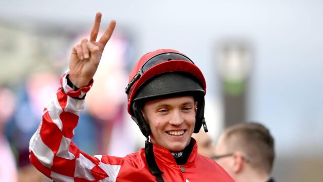 <p>Jockey Michael O'Sullivan, celebrates his second win, after winning the Boodles Juvenile Handicap Hurdle Chase during day one of the Cheltenham Racing Festival at Prestbury Park in Cheltenham, England. Photo by Seb Daly/Sportsfile</p>