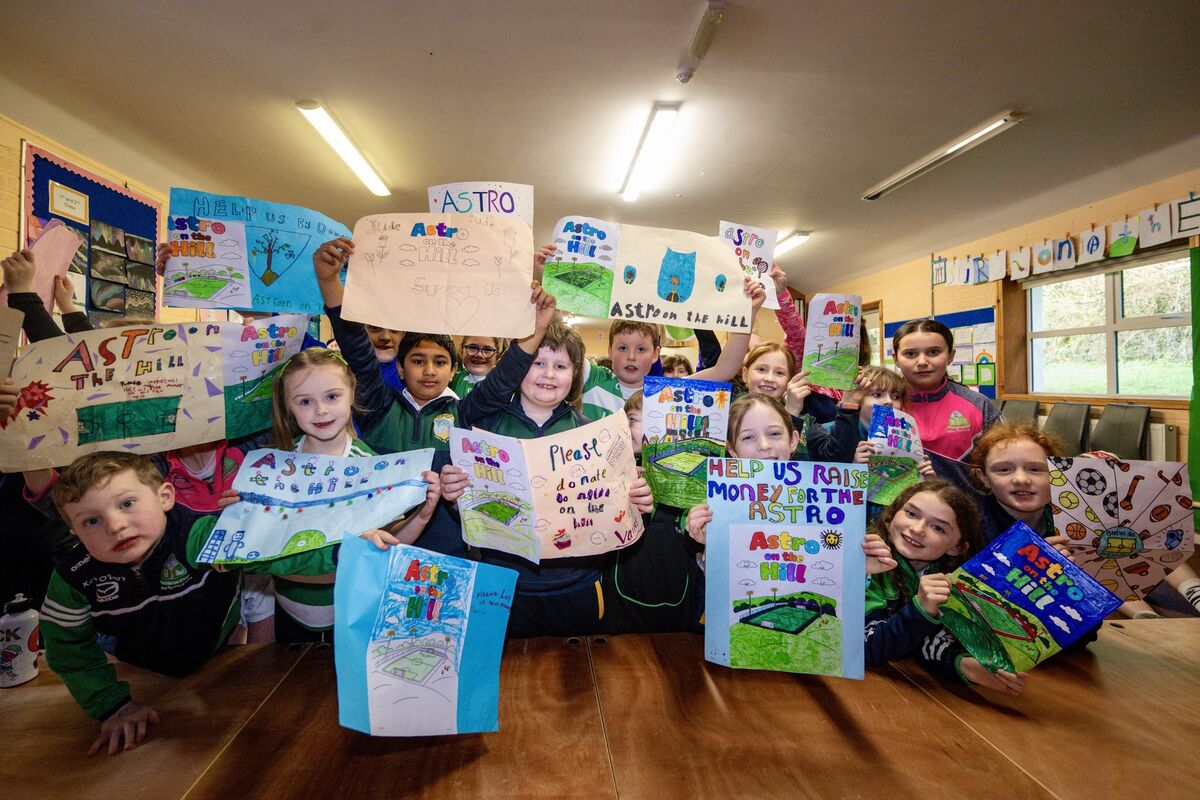Pupils from Knockavilla National School at the launch of their ‘“Astro on the Hill’ fundraising campaign.