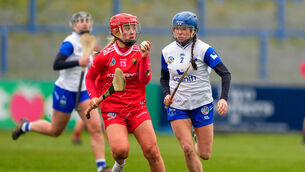 <p>Hayley Ryan of Cork and Vikki Falconer of Waterford in action on Saturday. Picture: INPHO/James Lawlor</p>