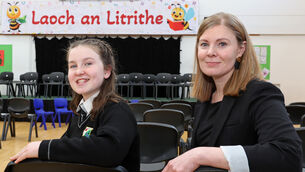 <p> Aisling Nagle Ni Fheinneadha, 6th class student in the Gaelscoil, who put forward her idea for the Irish language Spelling Bee competition to the school with event Co Organiser, Ròisìn Nì Cheallaigh, Deputy Principal Gaelscoil Mhainistir Na Corann. Picture: Jim Coughlan.</p>