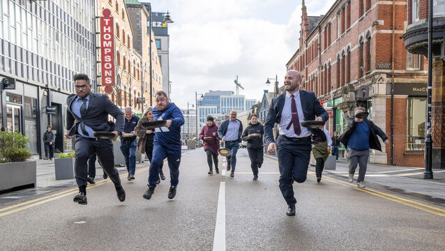 <p>Flipping fun at the Metropole Hotel’s annual pancake race where traders from the VQ area of Cork City gathered to claim the winning title. Azim Ali (left) from The Address and Robert Bejanishvili (right) of The Metropole Hotel were joint winners. Pictures: Brian Lougheed</p>