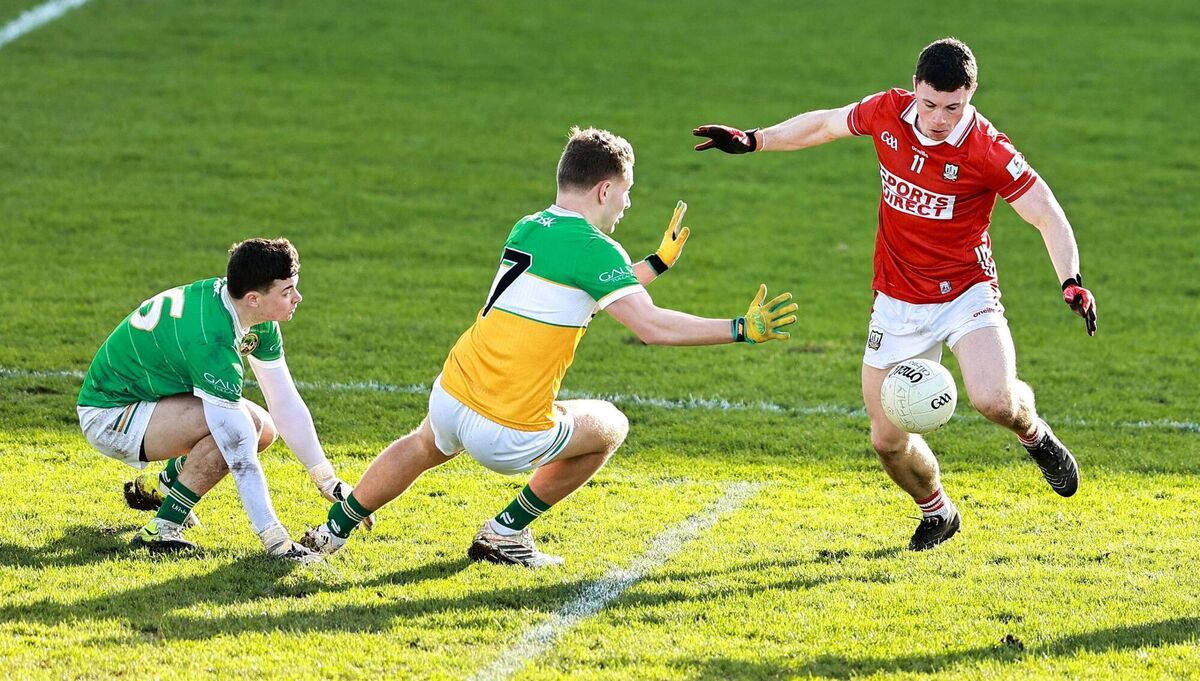 Cork's Mark Cronin squeezes home the Rebels' third goal in their victory over Offaly in Tullamore last Sunday. Picture: Thomas Flinkow/Sportsfile