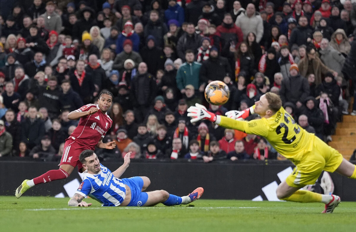 Liverpool's Rio Ngumoha scores his side's fourth goal but is waved offside by the linesman, even though replays showed he was onside, during the  FA Cup fourth round match against Brighton at Anfield, Liverpool. Picture: Peter Byrne/PA Wire
