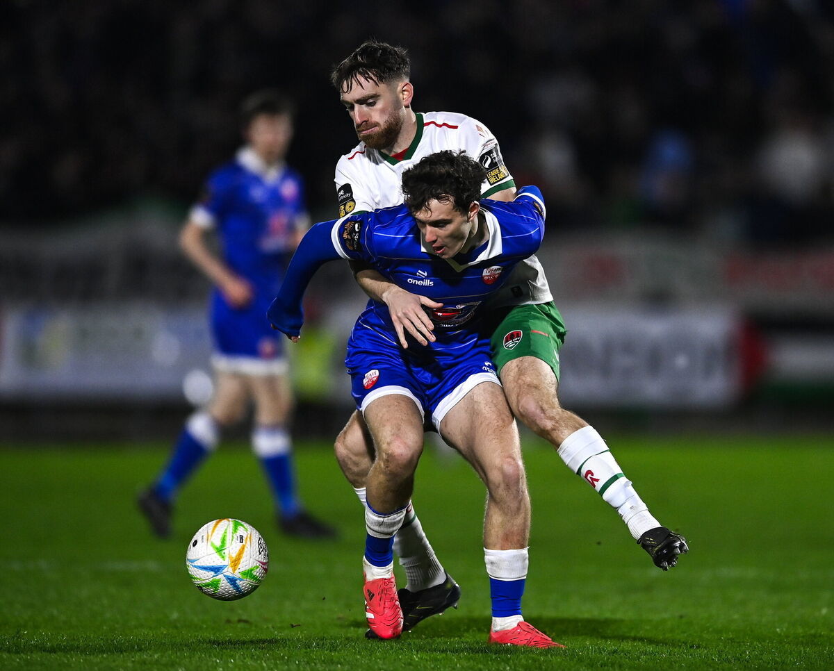 Robbie Lynch of Treaty United in action against Conor Drinan of Cork City. Picture: Matt Browne/Sportsfile