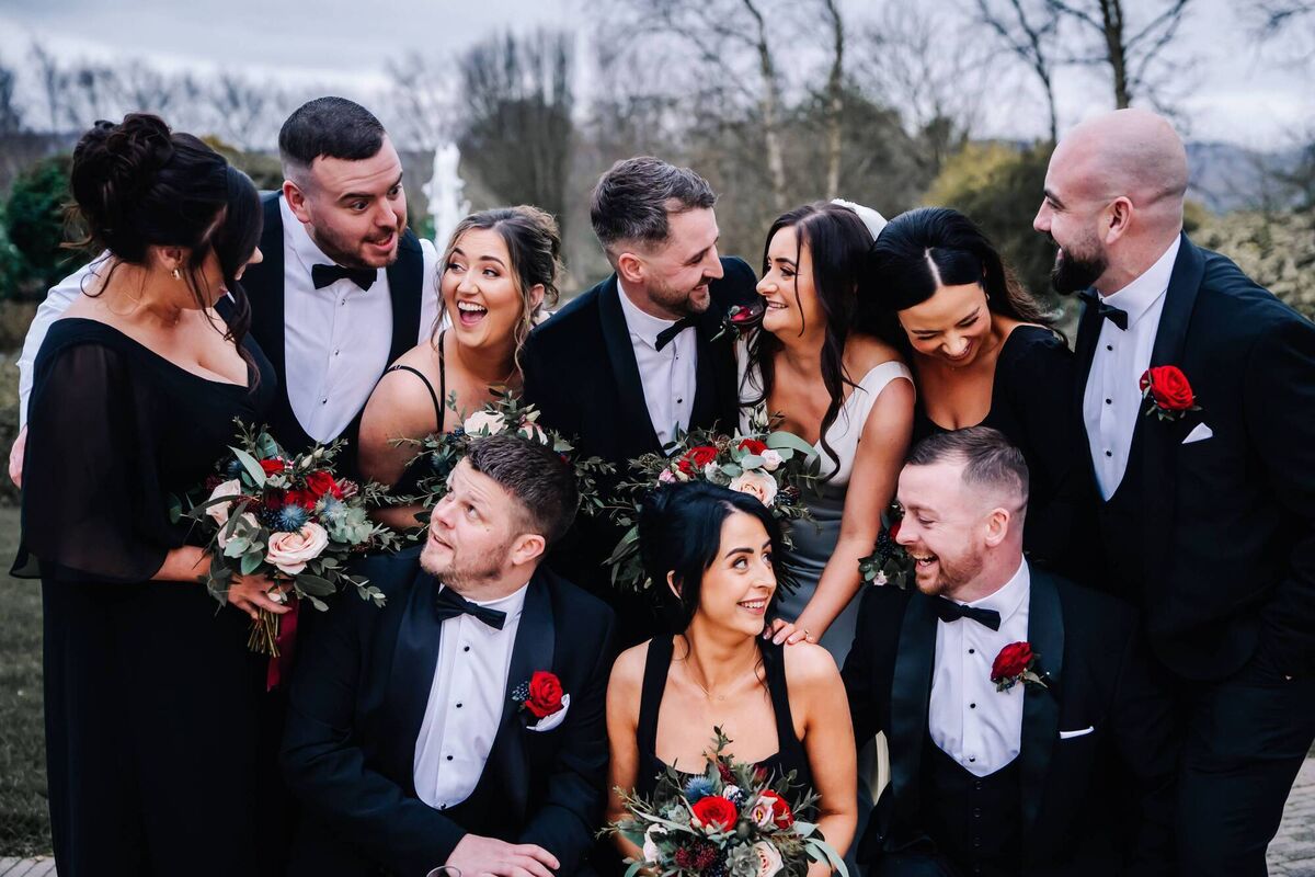 Emma and Eamonn with their bridesmaids and groomsmen on the day. Emma and Eamonn with their bridesmaids and groomsmen on the day.