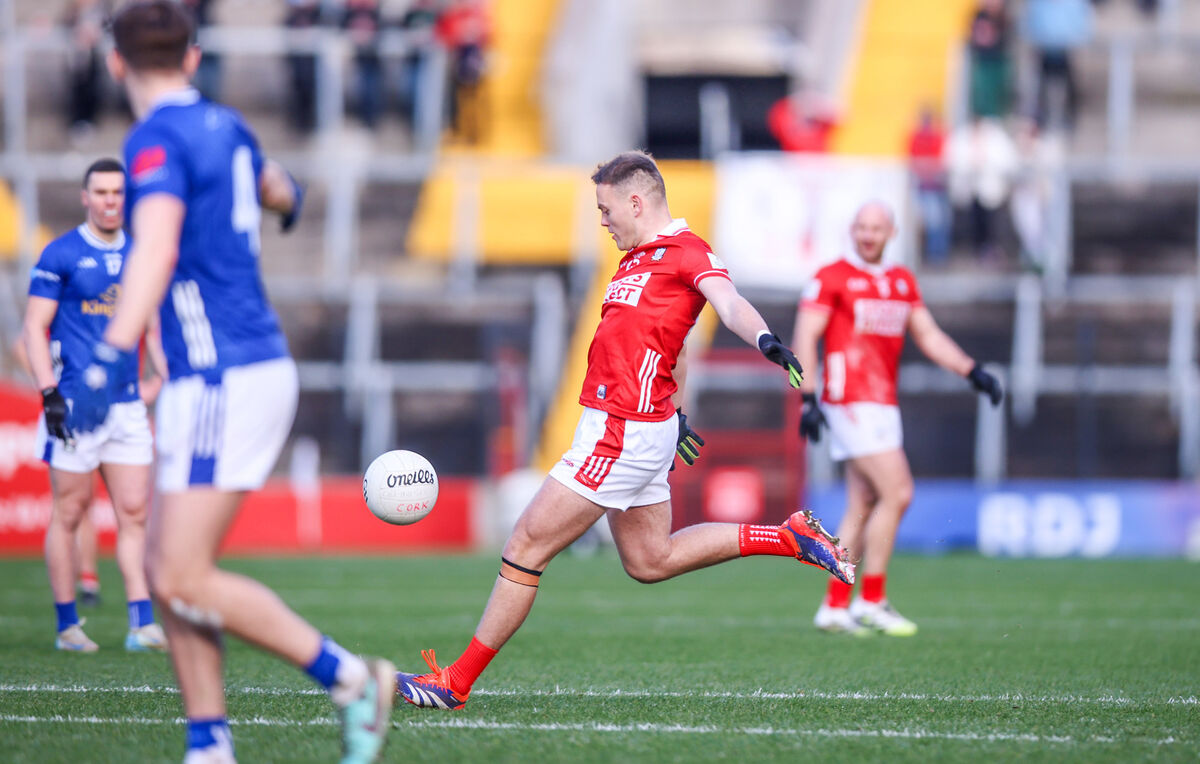 Steven Sherlock shoots the match-winning score for Cork against Cavan - one of six two-pointers scored by the Rebels. Picture: Inpho/Tom Maher