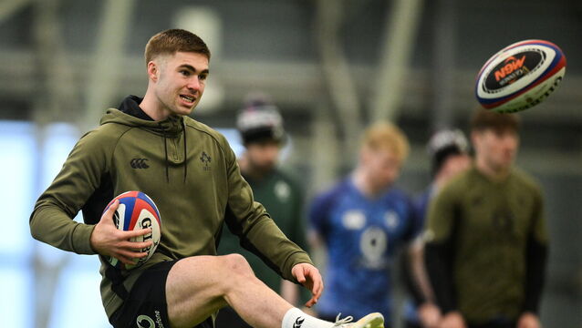 <p>Jack Crowley during an Ireland Rugby squad training session at the IRFU High Performance Centre in Dublin. Photo by Brendan Moran/Sportsfile</p>
