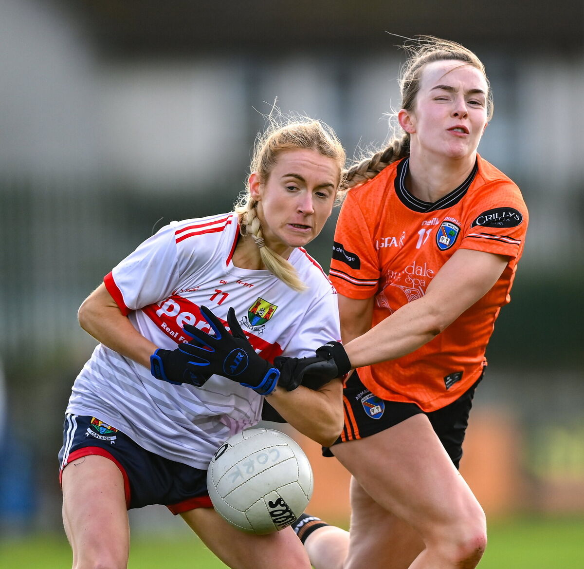 Grace Ní Mhurchú in action against Catherine Marley of Armagh. She has been in top form for Cork in their league games to date. Picture:  Stephen McCarthy/Sportsfile