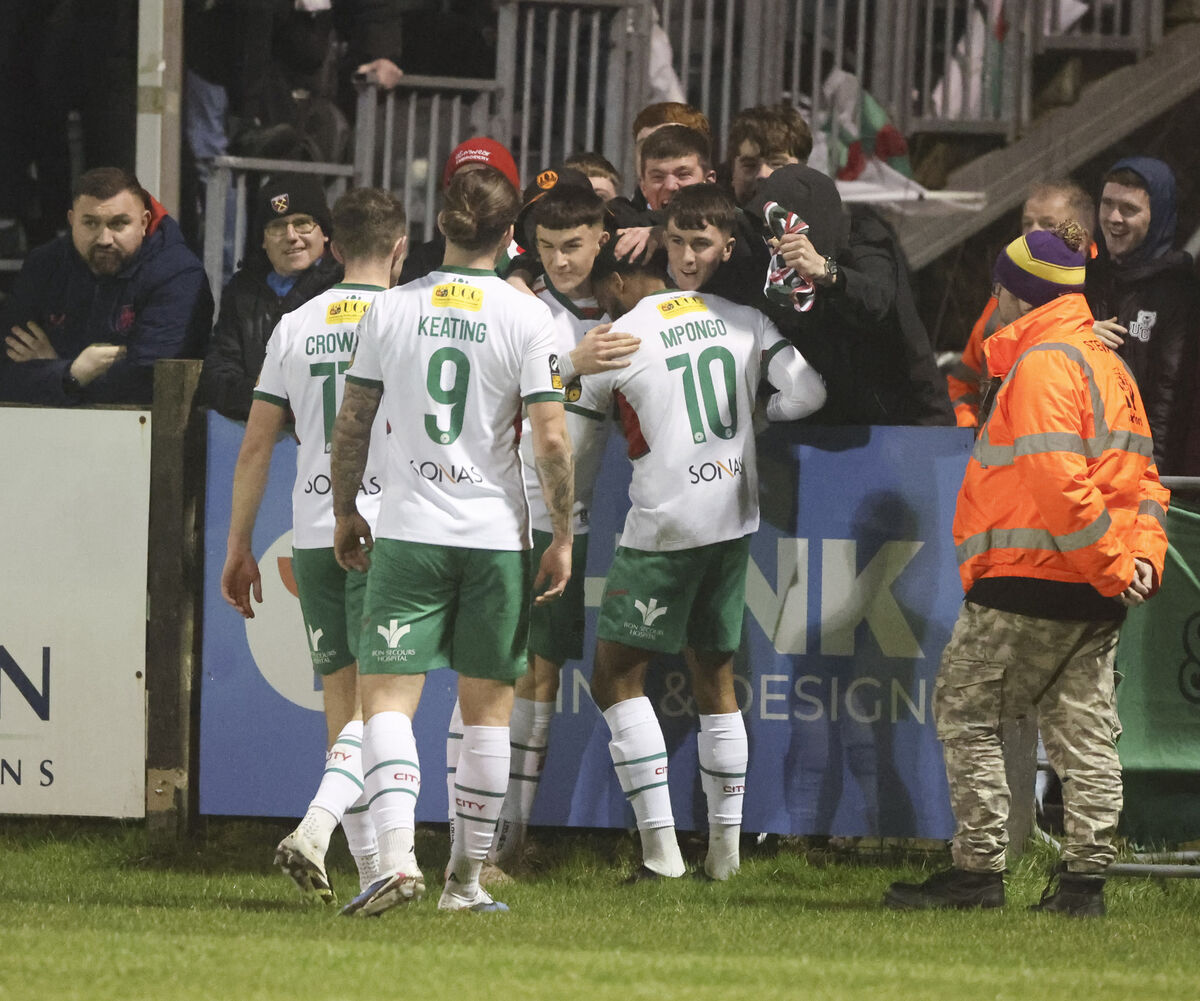 Cork City's Hans Mpongo celebrating after their second goal. Picture: Patrick Browne