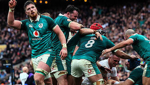 Inpho Joe McCarthy celebrates after Tadhg Beirne wins a penalty 21/2/2026