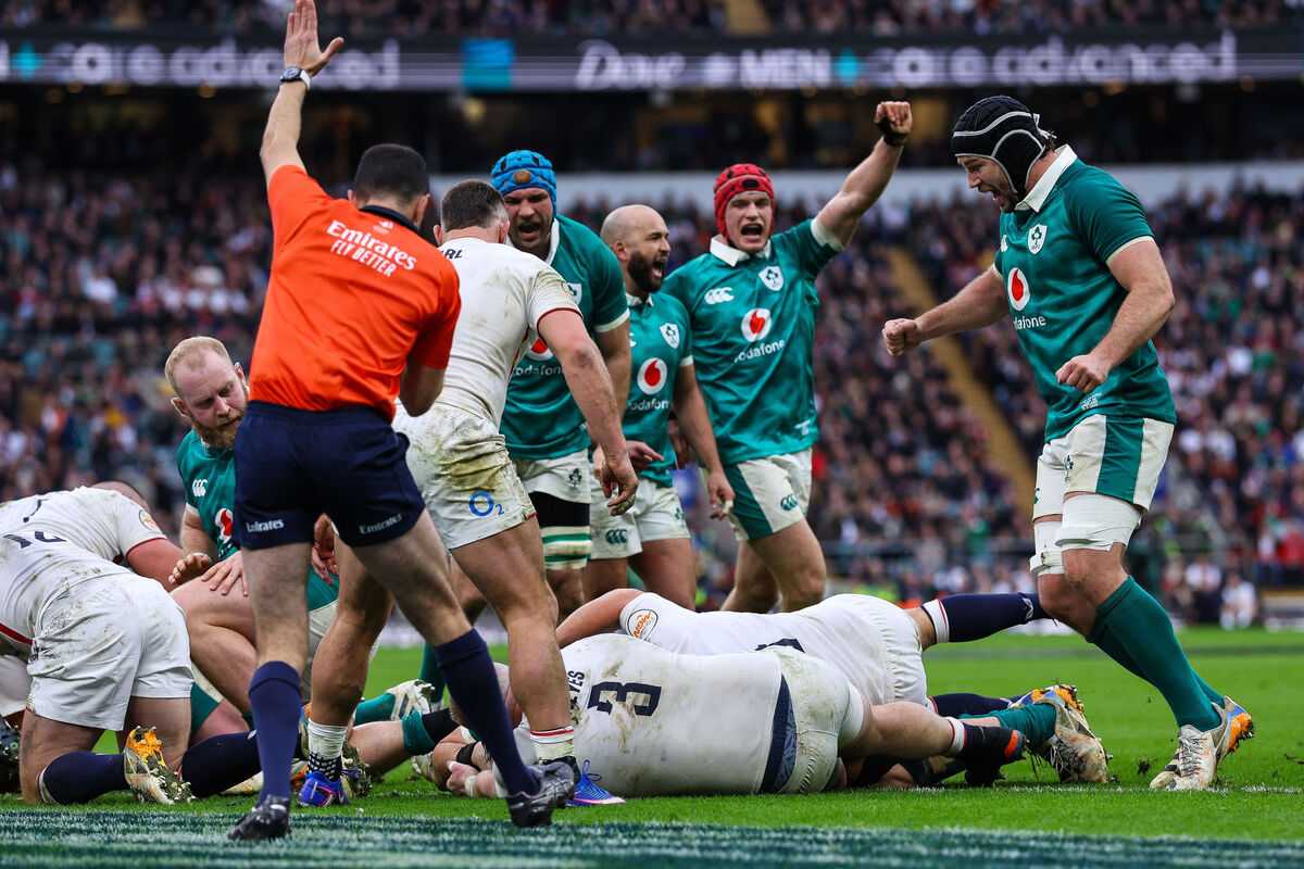 Ireland's Dan Sheehan scores his side's fourth try against England. Picture: INPHO/Ben Brady