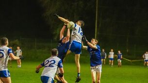 <p>Killian Cronin of Knocnagree contests the breaking with ball with Naomh Abán's Sean Ó Riordáin and Jack Ó Donnchú during their Tom Creedon Cup clash on Saturday. Picture: Noel Sweeney</p> <p>Killian Cronin of Knocnagree contests the breaking with ball with Naomh Abán's Sean Ó Riordáin and Jack Ó Donnchú during their Tom Creedon Cup clash on Saturday. Picture: Noel Sweeney</p>