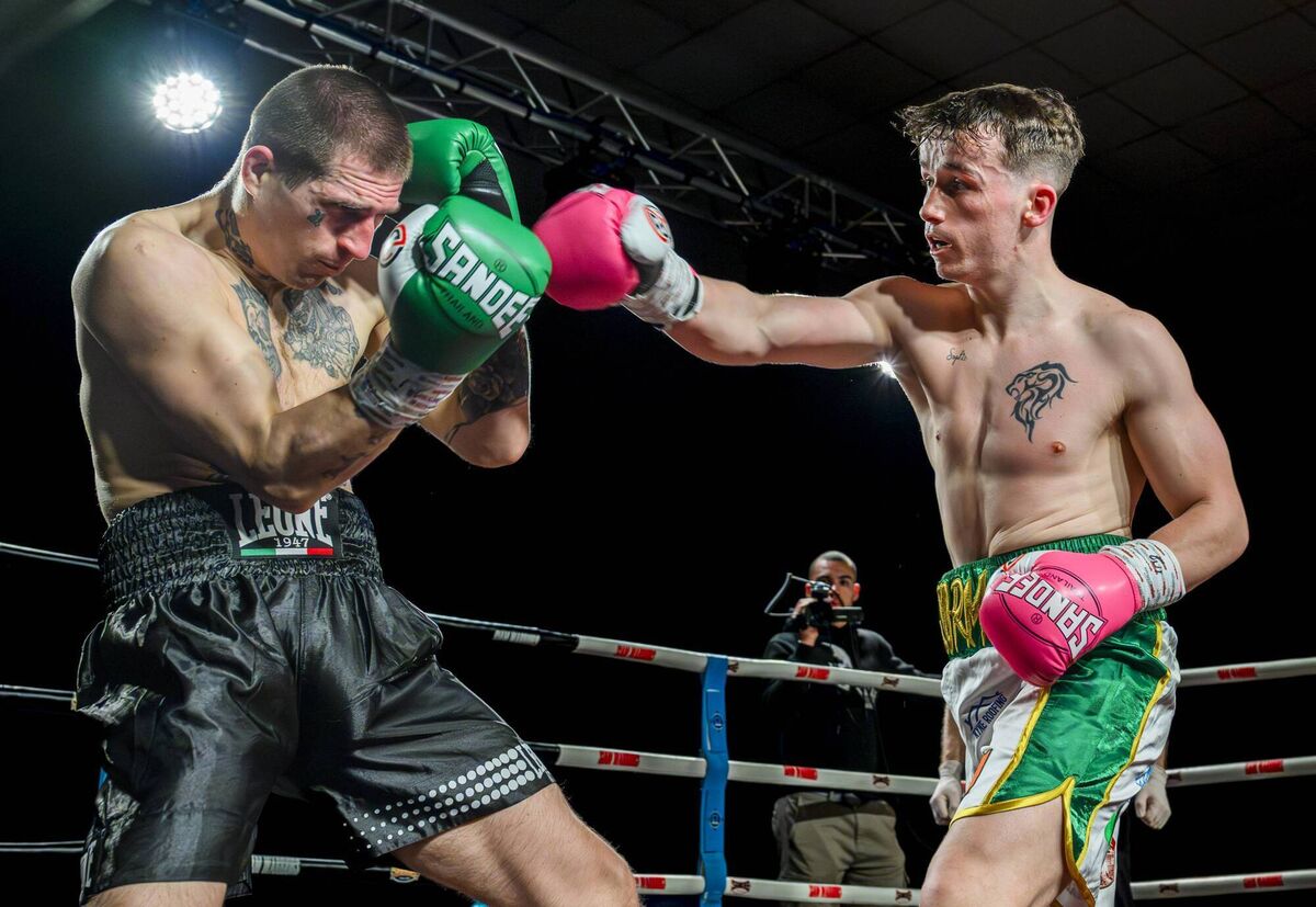Aaron O’Donoghue Vs Sebastian Krakowski —— Cork Boxer Aaron O’Donoghue on the way to a knock out victory over Sebastian Krakowski of Poland on the Siam Warriors promotions card at the Parochial Hall