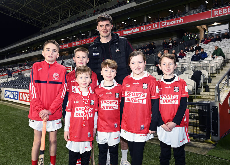 Cork senior hurling captain Darragh Fitzgibbon with mascots Michael O'Donoghue, Anna O'Flynn, Cormac O'Flynn (all Éire Óg), Ben O'Mahony (Sarsfields), Conor O'Rourke (Blarney) and Cillan Costello (Bishopstown) after the Allianz HL Division 1A win over Tipperary. Picture: Eddie O'Hare