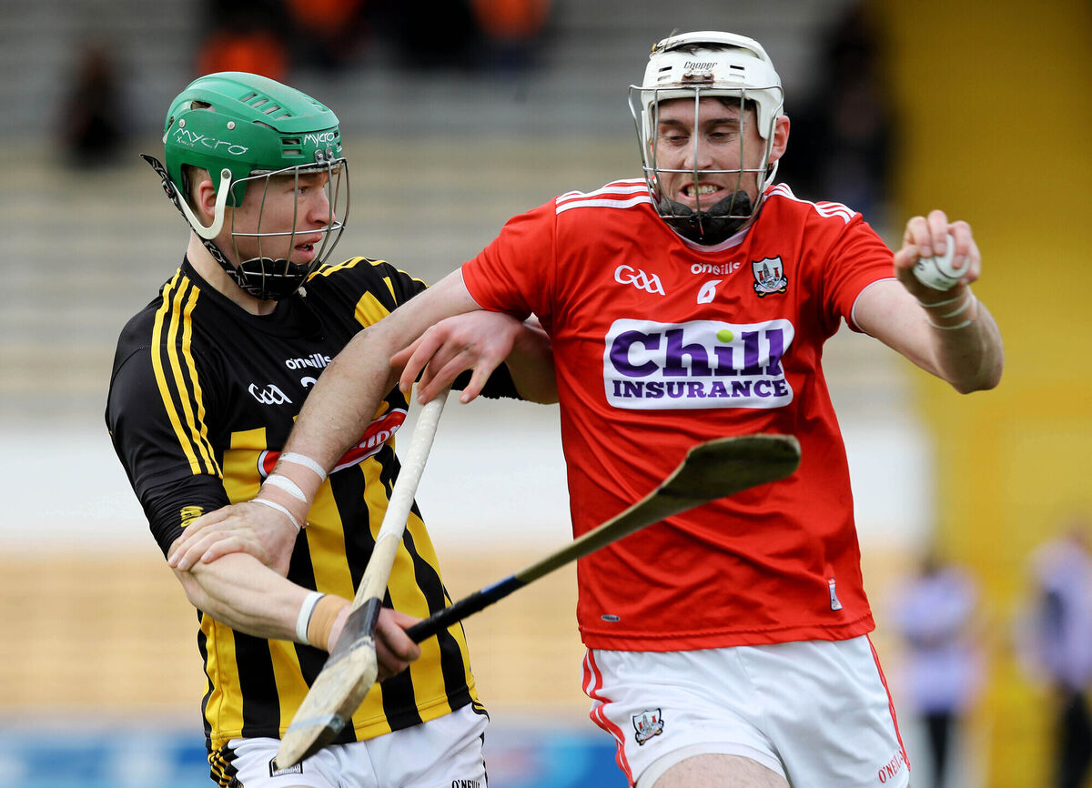 Tim O'Mahony of Cork in action against Kilkenny's Martin Keoghan in the 2019 NHL play-off at Nowlan Park. Picture: Inpho/Lorraine O'Sullivan