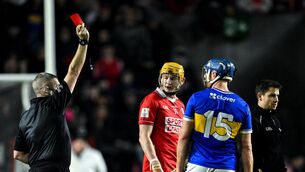 <p>Referee Liam Gordon issues a red card to Shane Barrett of Cork and Jason Forde of Tipperary during the Allianz HL Division 1A game at SuperValu Páirc Uí Chaoimh earlier this month. Picture: Ray McManus/Sportsfile</p>