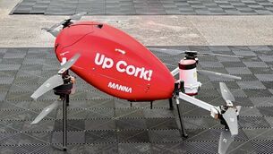 <p> One of the red Manna delivery drones currently operating in Cork. Picture: Larry Cummins.</p> <p> One of the red Manna delivery drones currently operating in Cork. Picture: Larry Cummins.</p>