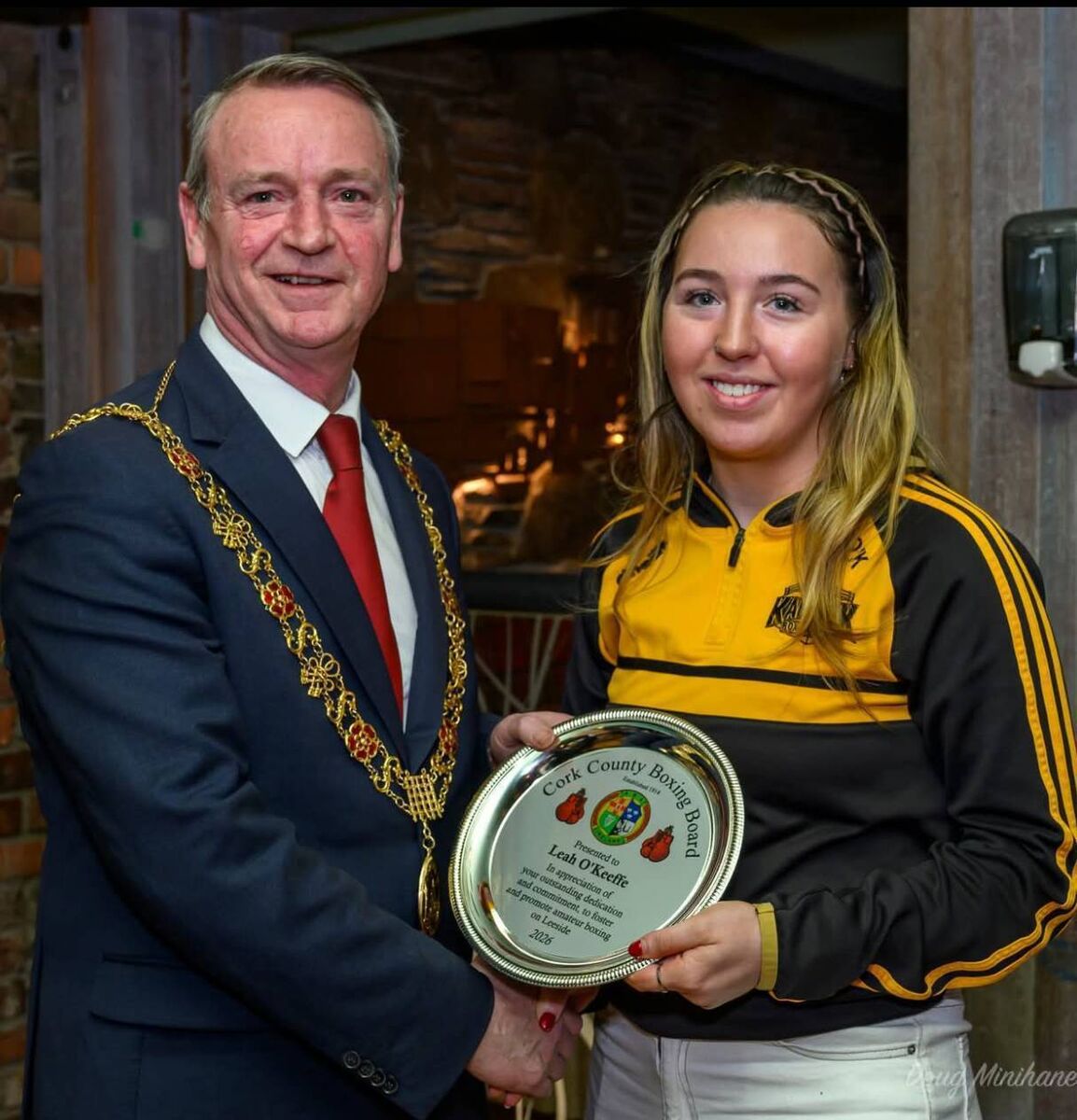 Cork Boxing: Lord Mayor Councillor Fergal Denney makes a presentation to Leah O'Keeffe, Kanturk Boxing Club.