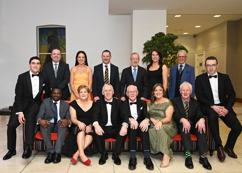 Kilbrittain GAA Club officials and special guests at the club's victory celebrations. Back, left to right: Main sponsor Denis Cronin, assistant secretary Lorna Ryan, committee member Tom Brennan, Seán Kelly MEP, committee members Susan O'Brien and Jim Hurley. Front: Player rep James Hurley, Fr Pontianus Jafla Vitalis, secretary Marion Twohig, chairperson Dermot Hayes, president Con Healy, communications officer Emma Desmond, committee member Denis Healy and treasurer Oliver O'Brien. Picture: Martin Walsh