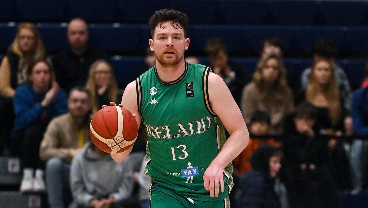 Jordan Blount of Ireland during the FIBA Basketball World Cup 2027 European Pre-Qualifiers first round match between Ireland and Switzerland at the National Basketball Arena in Tallaght, Dublin. Photo by David Fitzgerald/Sportsfile