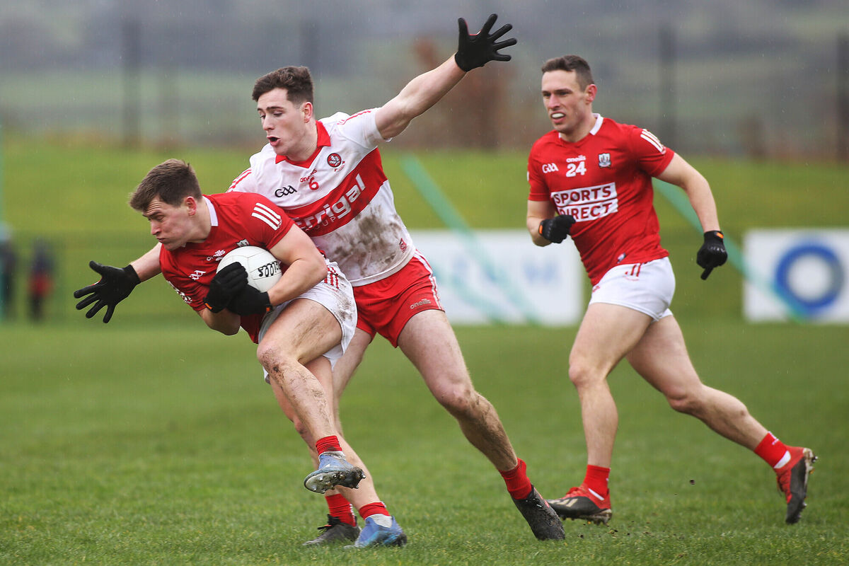 Cork’s Kevin O'Donovan and Derry's Padraig McGrogan fighting for possession during their Allianz Football League Division 2 match in 2022. Cork’s Kevin O'Donovan and Derry's Padraig McGrogan fighting for possession during their Allianz Football League Division 2 match in 2022.
