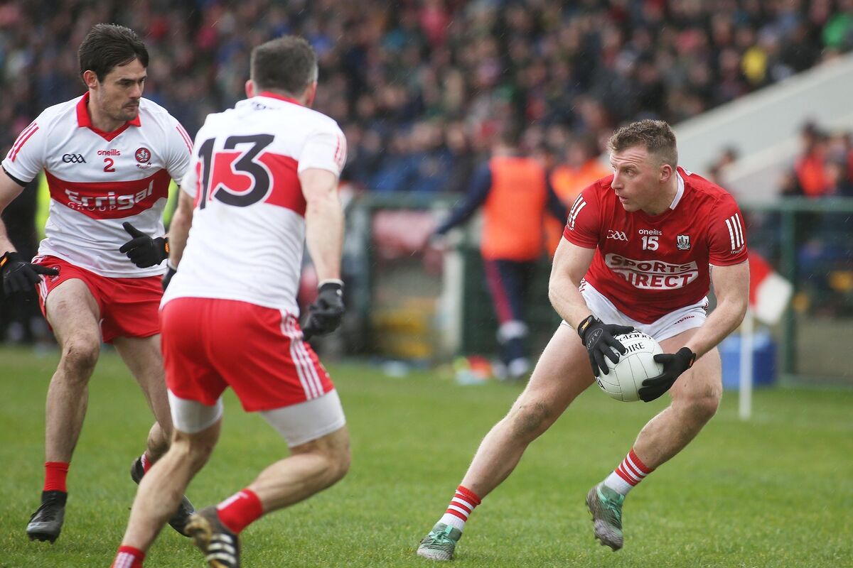 Cork’s Brian Hurley with Derry's Christopher McKaigue and Benny Heron. Picture: ©Inpho/Lorcan Doherty Cork’s Brian Hurley with Derry's Christopher McKaigue and Benny Heron. Picture: ©Inpho/Lorcan Doherty