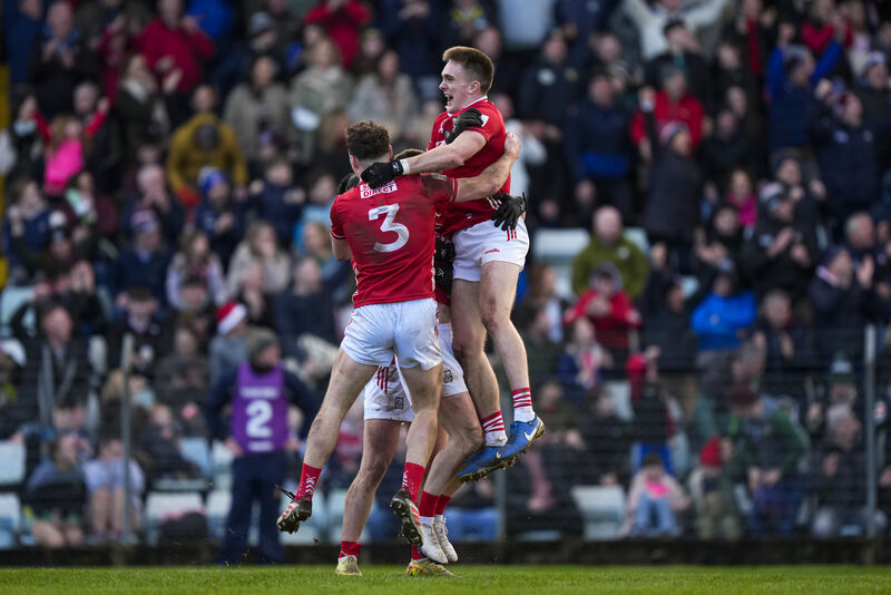 Tommy Walsh, Daniel O'Mahony and Luke Fahy of Cork after beating Meath. Picture: INPHO/James Lawlor