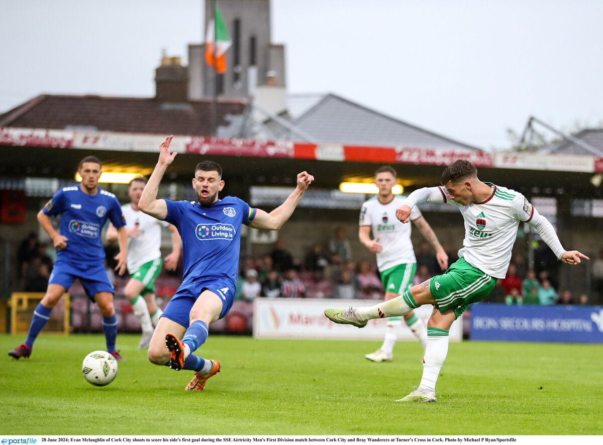 Evan McLaughlin of Cork City shoots to score his side's first goal during the SSE Airtricity Men's First Division match between Cork City and Bray Wanderers at Turner's Cross in Cork. Picture: Michael P Ryan/Sportsfile