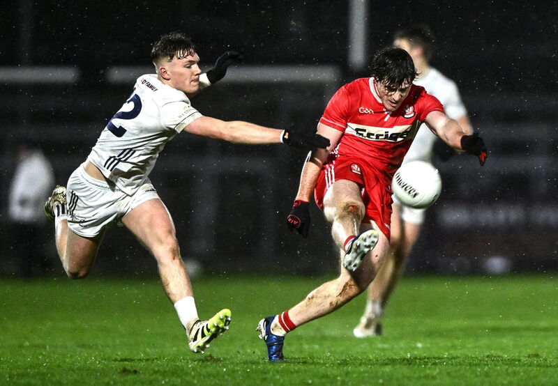 Padraig McGrogan of Derry in action against Colm Moran of Kildare during the Allianz Football League Division 2 match this month. Picture: Ben McShane/Sportsfile