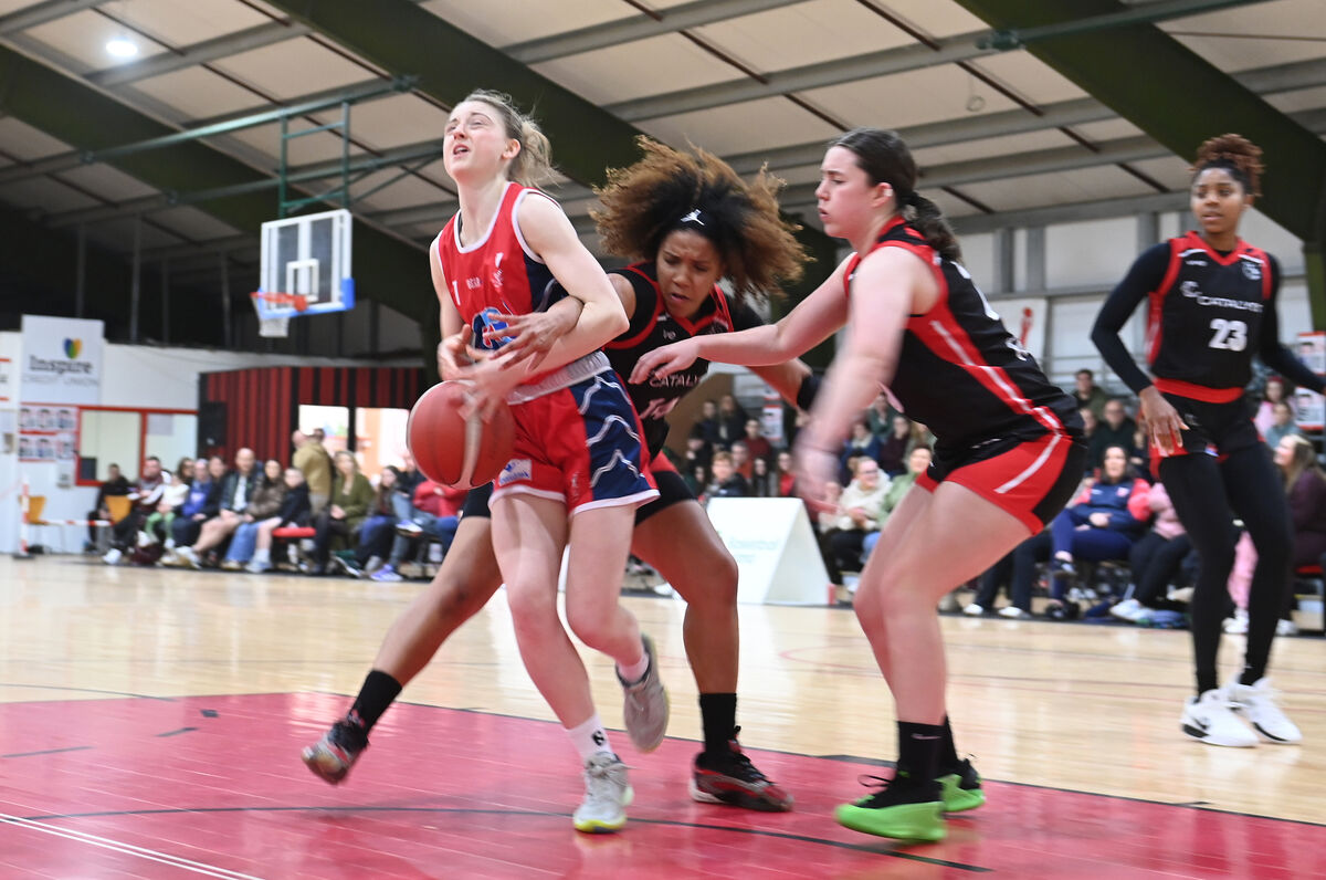  Edel Thornton, Gurrranabraher Credit Union Brunell, battling Laila Blair, Catalyst Fr Mathew's. Picture: Larry Cummins