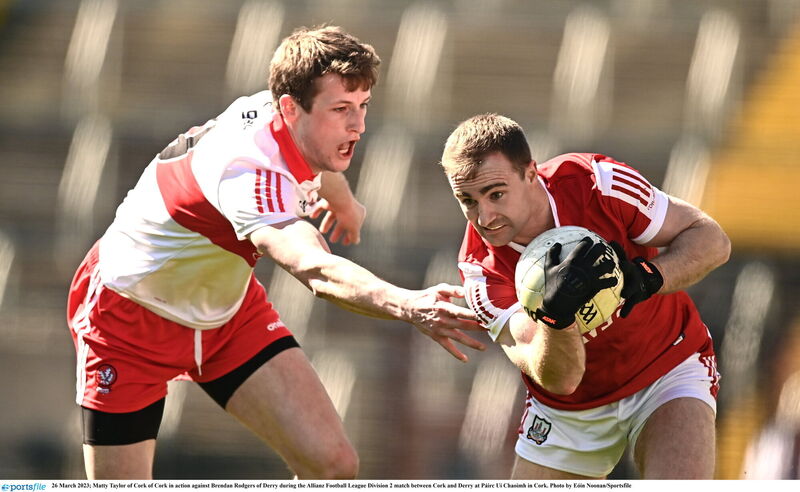 Matty Taylor of Cork in action against Brendan Rodgers of Derry in 2023. Picture: Eóin Noonan/Sportsfile