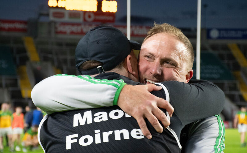 Glanmire manager Mark Hopkins hugs selector Wayne O'Donnell following their team's victory in the McCarthy Insurance Group IAFC final in 2024. Picture: Howard Crowdy