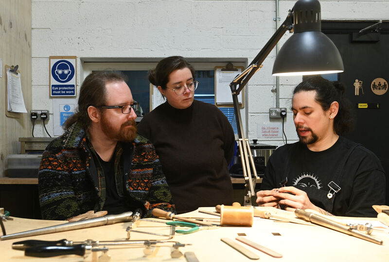 Engaged couple Orla Healy and Brian Healy with (right) Fabio Oliveira, jewellery designer and maker, at the ring-making workshop at Benchspace. Picture: Larry Cummins