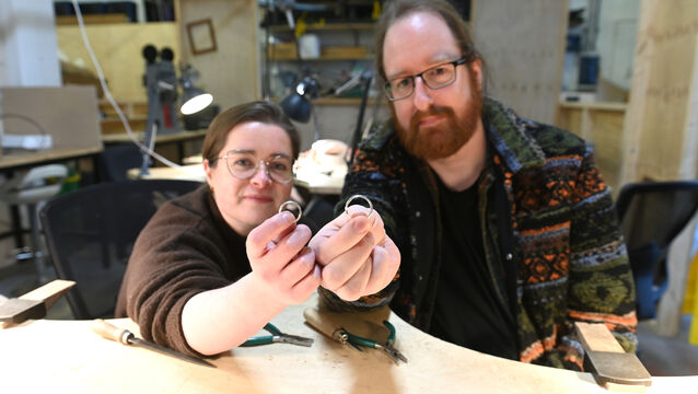 <p>Engaged couple Orla Healy and Brian Healy at a ring-making workshop, given by Fabio Oliveira, jewellery designer and maker.   Picture: Larry Cummins</p>