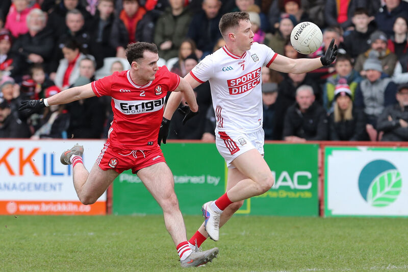 Cork’s Luke Fahy and Derry's Diarmuid Baker battle for the ball. Picture: INPHO/Lorcan Doherty Cork’s Luke Fahy and Derry's Diarmuid Baker battle for the ball. Picture: INPHO/Lorcan Doherty