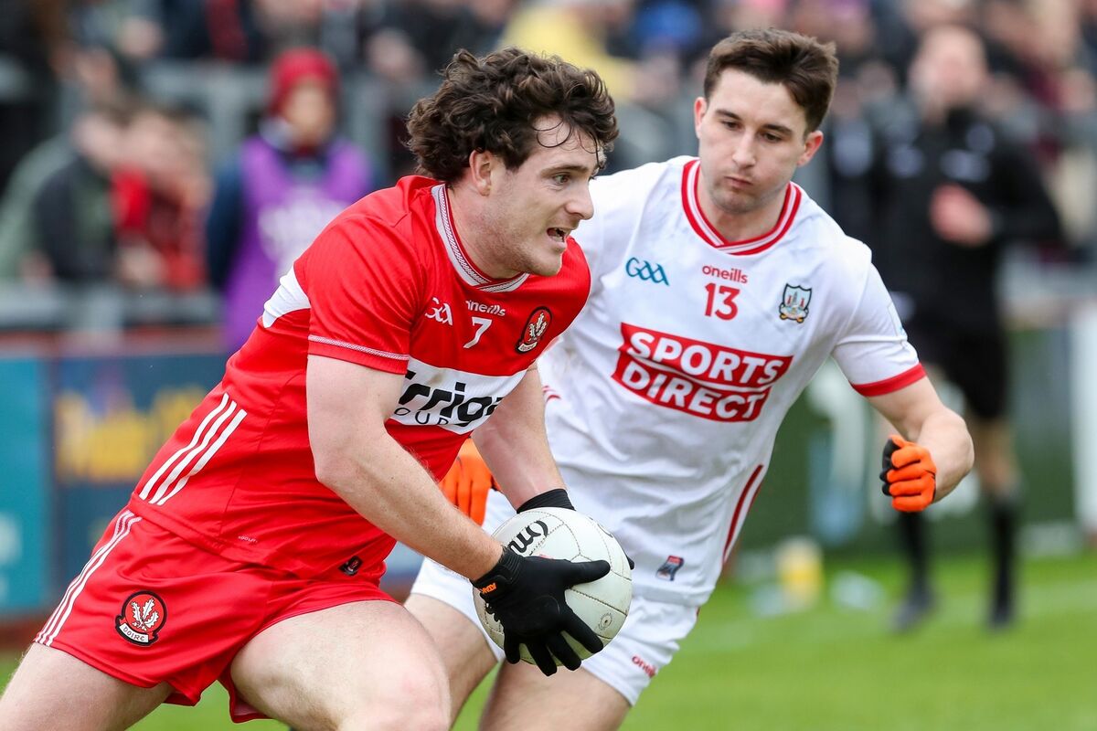 Derry's Pádraig McGrogan and Cork’s Chris Óg Jones. Picture: INPHO/Lorcan Doherty
